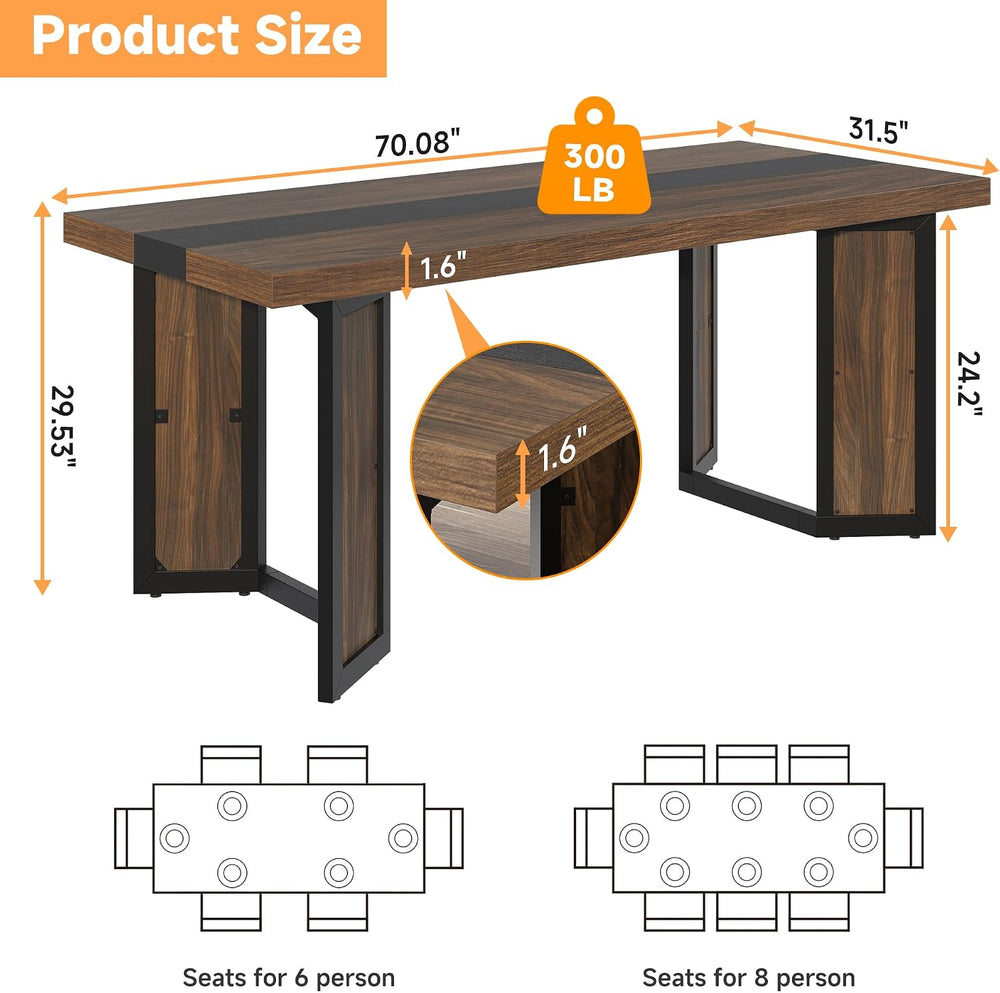 Industrial Dining Table for 6-8 People, 71" Large Long Wooden Kitchen Ta...