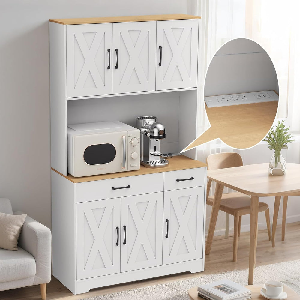 42" Tall Kitchen Pantry Storage Cabinet with Microwave Stand, with Charg...