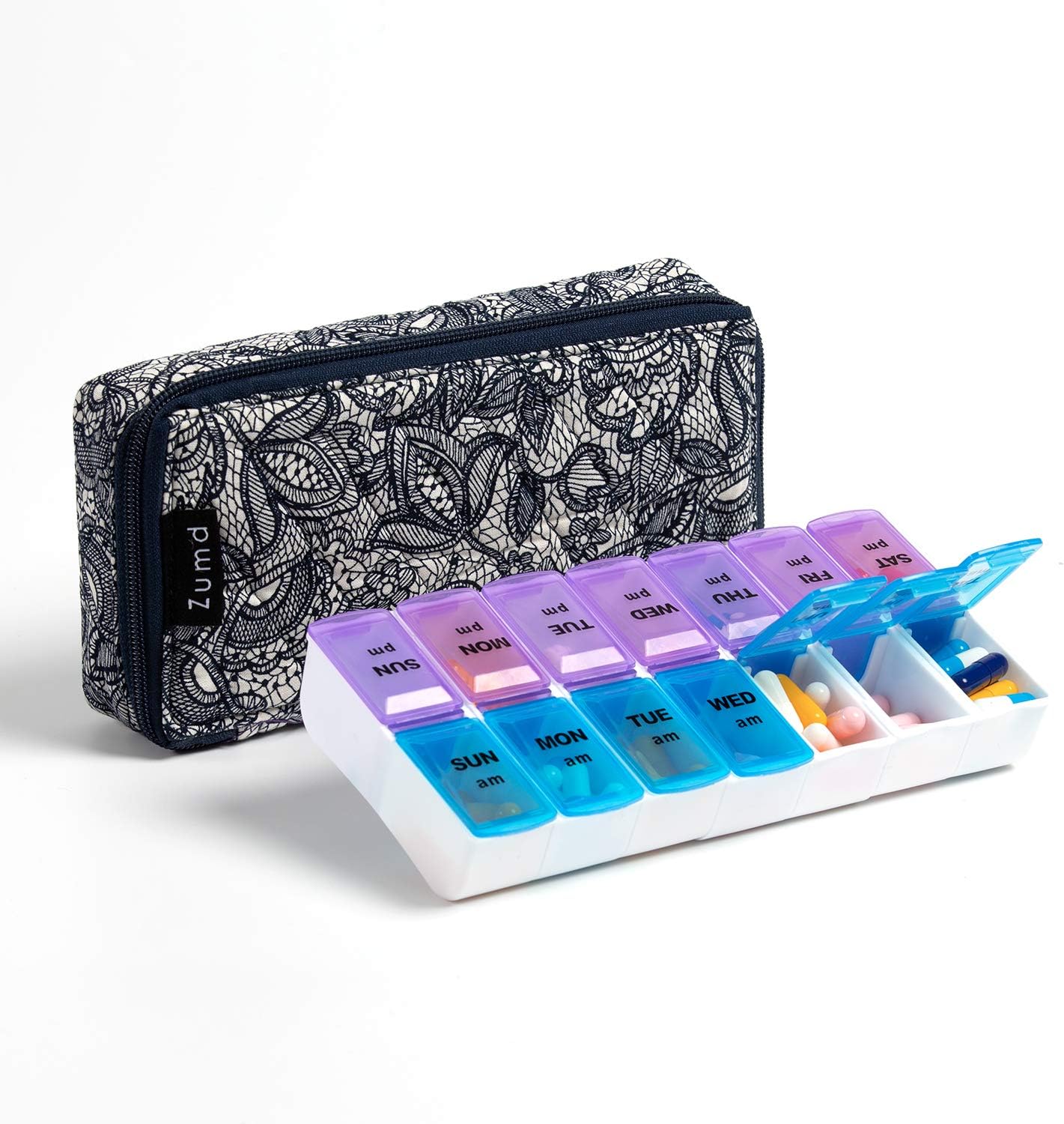 Weekly Pill Organizer 2 Times a Day, Zumd Pill Box 7 Day with Cute Quilted Fabric Zipper Case, Travel Pill Case Am Pm for Vitamin Medicine Organizer