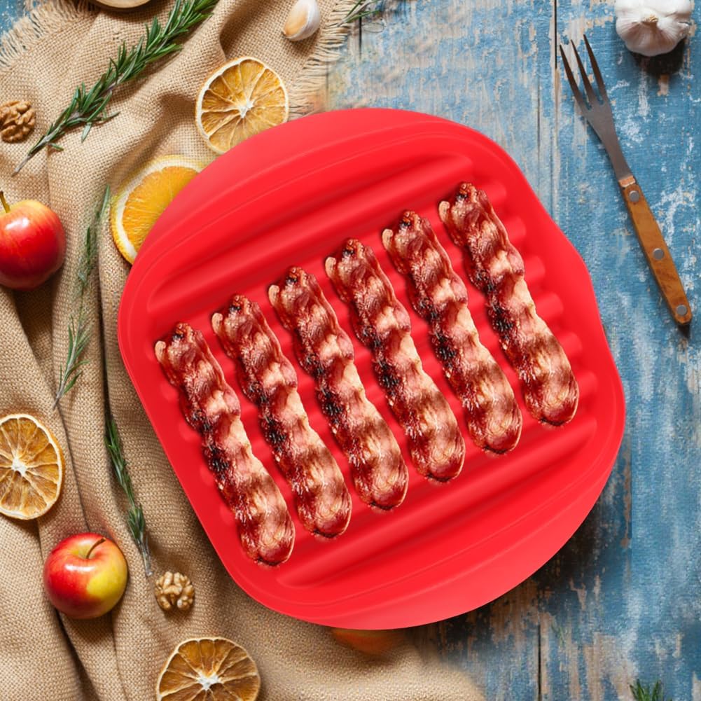 Microwave Bacon Cooker Tray with Vented Lid - Crisper Pan for 4-6 Slices in 3 Minutes, Splatter Shield & Fat Draining Tray for Healthy Cooking, Also for Sausages & Patties(Color:Red)