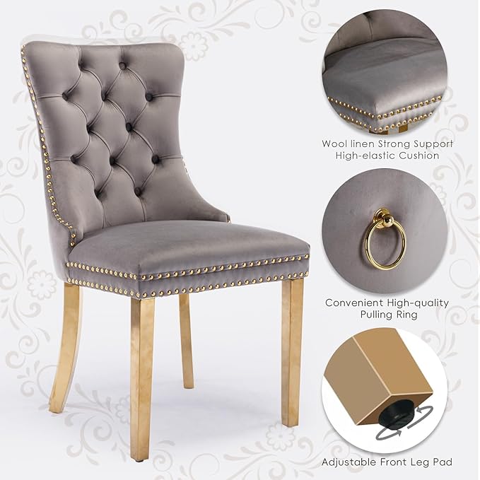 Velvet Upholstered Dining Chairs Set of 4, Modern Style Kitchen Side Chairs with Nailhead Trim and Gold Plated Leg, Metal Pulling Ring for Dining Room Living Room(Gery-Gold Plated Leg)