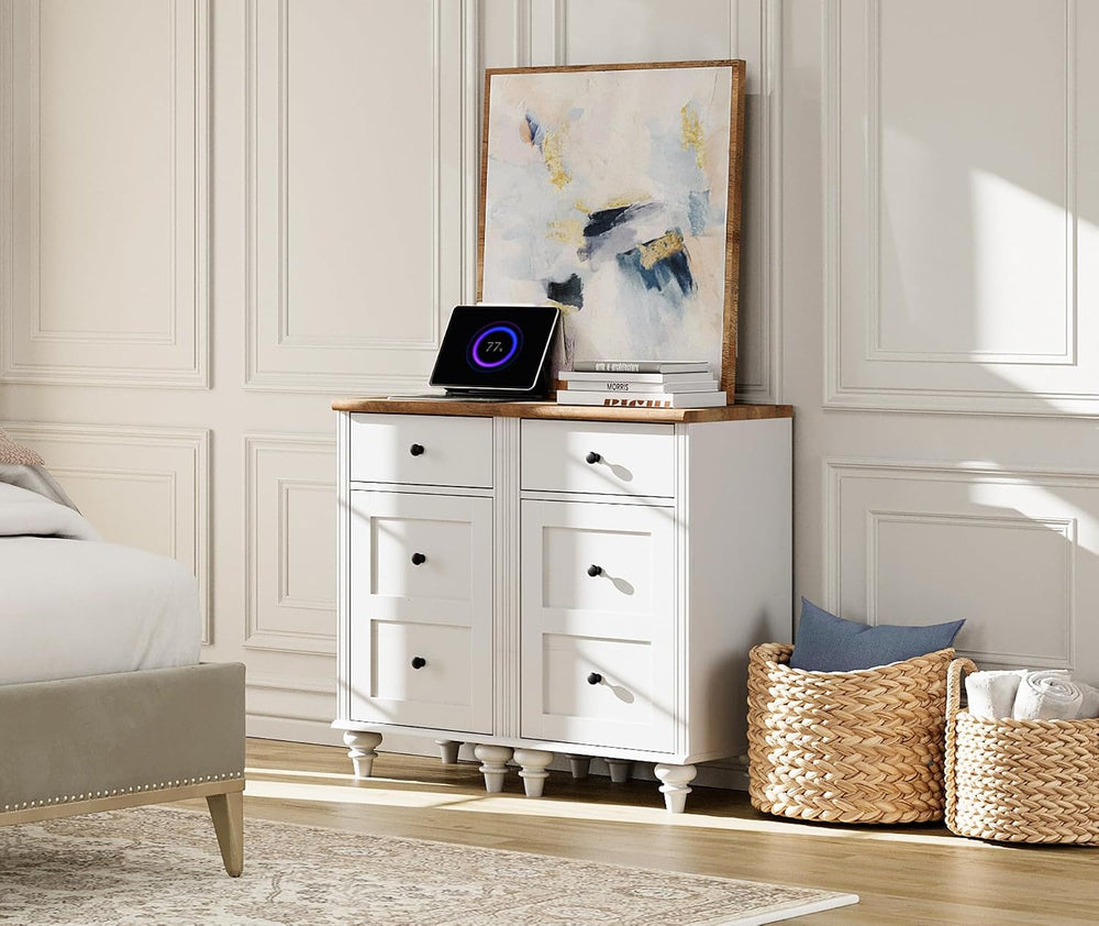 WAMPAT White End Table with Charging Station, Nightstand with Power Outlets &...