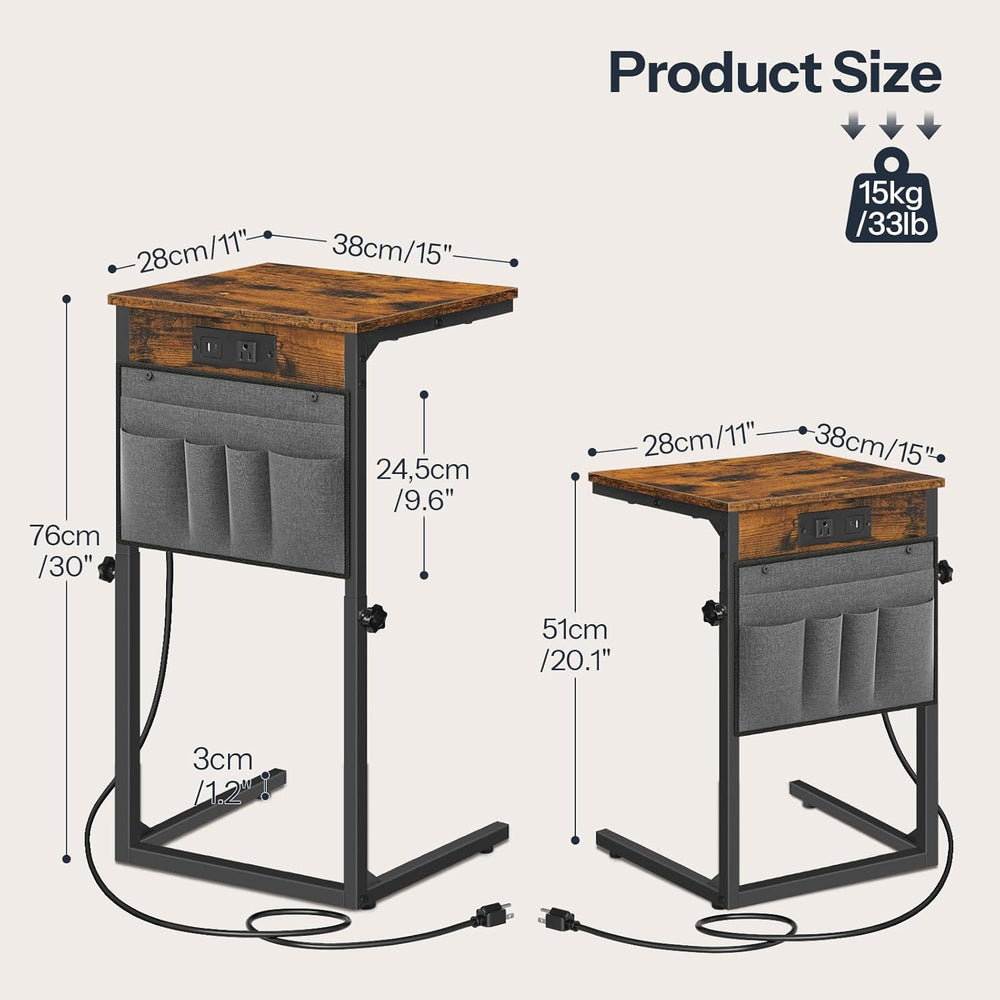 HOOBRO C Shaped End Table with Charging Station, 30” Adjustable Height Sofa S...
