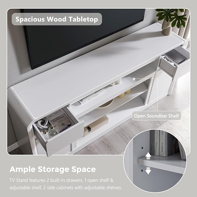 Modern TV Stand for 80 Inch TVs, 32"Tall Entertainment Center w/Storage Cabinet& drawers, Media Console Cabinet w/Soundbar & Adjustable Shelves for Living Room, Curved Profile Design, 70 inch (White)