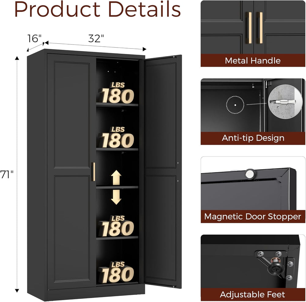 71" Tall Metal Pantry Cabinet, Black Kitchen Pantry Storage Cabinet with...