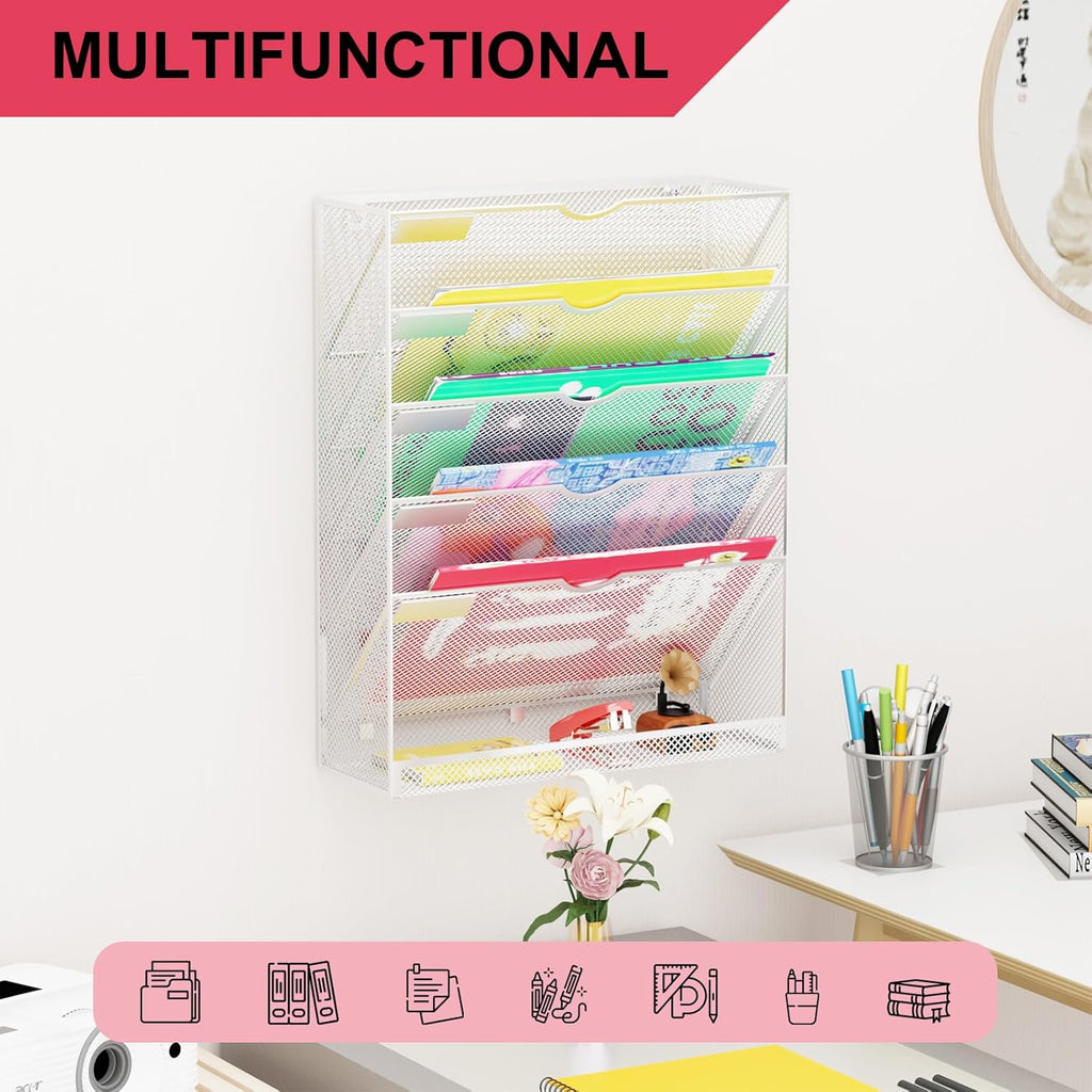 Hanging Wall File Organizer 6 Tier Wall Mounted File Holder Document Wall Organizer Magazine Organization for Office Home, Silver