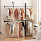 Industrial Pipe Clothing Rack Wall Mount, Black Pipe Clothes Rack with 6 Hanging Rods, Heavy Duty Pipe Clothing Rack for Laundry Room, Closet Systems for Walk in Closets