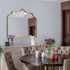 Gold Arched Mirror, 36"x28" Arch Vanity Mirrors for Bathroom, Metal Beaded Frame Ornate Decorative Mirror, Scalloped Vintage Mirrors for Fireplace Bedroom Living Room Entryway Hallway