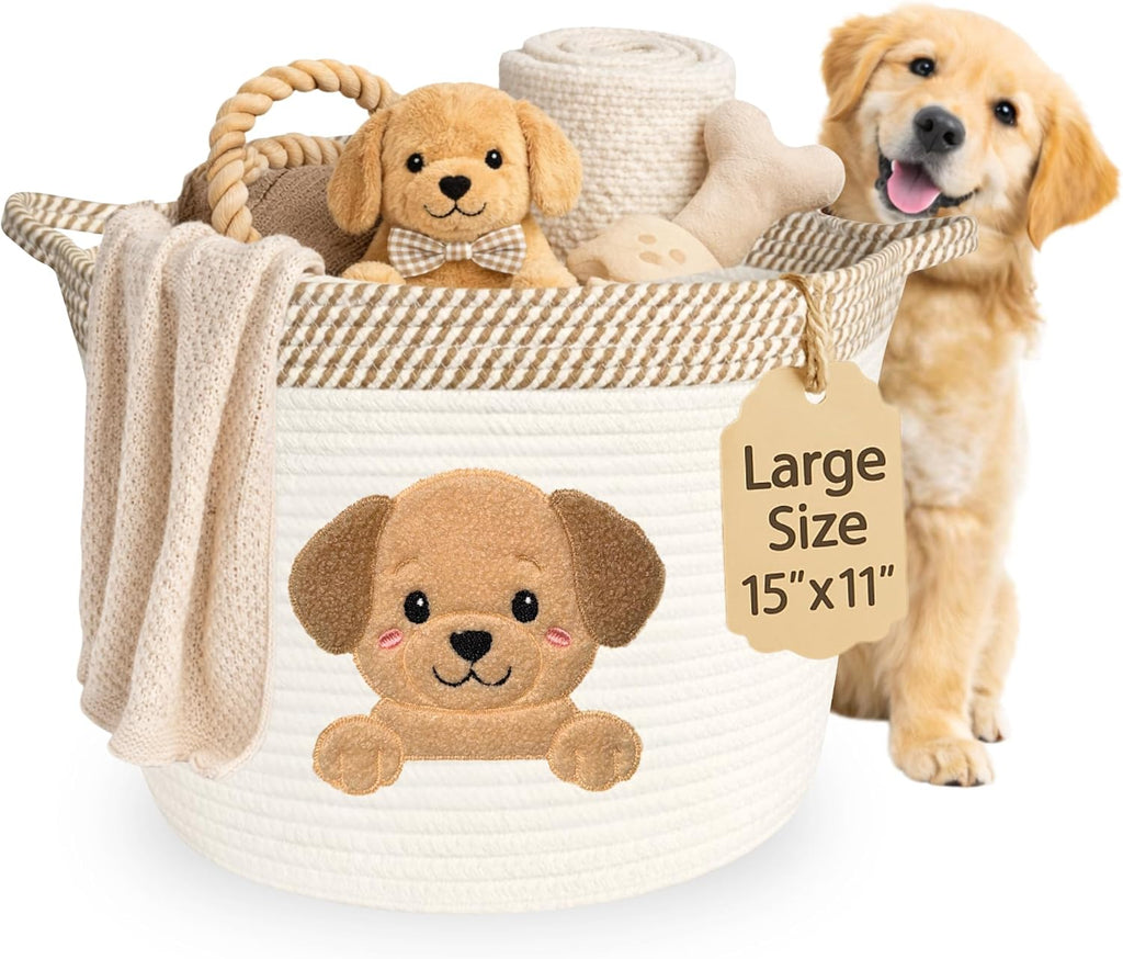 Golden Retriever and Lab Dog Toy Basket, Cotton Rope Storage Bin, 15x11 in | Pet Toy Storage, Blanket and Leash Organizer, Soft Felt Puppy Patch, Dog Mom Gift, Living Room and Crate Side Bin, Spot Clean
