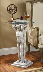 Design Toscano Hermitage Atlantes Glass-Topped Pedestal Table, Antique Stone