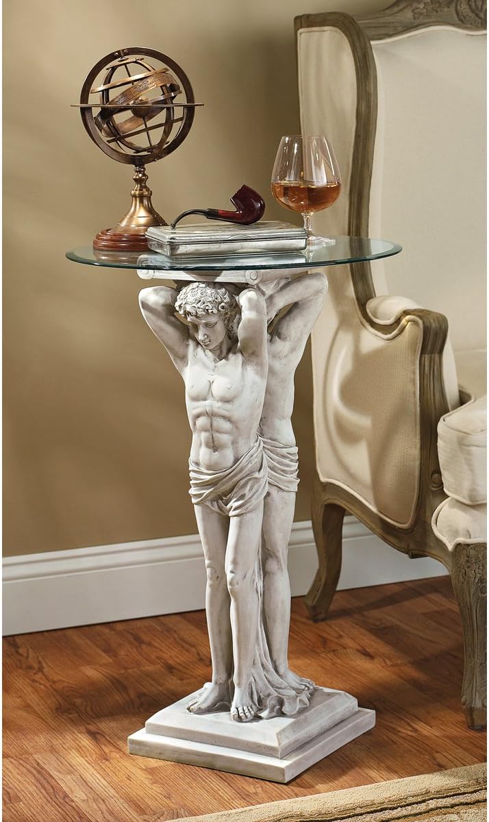 Design Toscano Hermitage Atlantes Glass-Topped Pedestal Table, Antique Stone