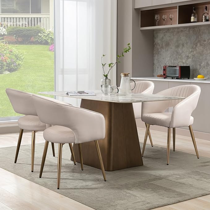 Faux Leather Dining Chairs Gold Legs, Modern Cream PU Leather Dining Room Chairs with Arms Set of 4 Upholstered Accent Chair Armchair with Barrel Back for Kitchen Living Room
