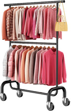 Heavy Duty Clothes Rack Load 600 LBS, Rolling Clothing Rack for Hanging Clothes with Lockable Wheels, Double Rod Garment Rack for Bedroom, Laundry, Living Room, Black