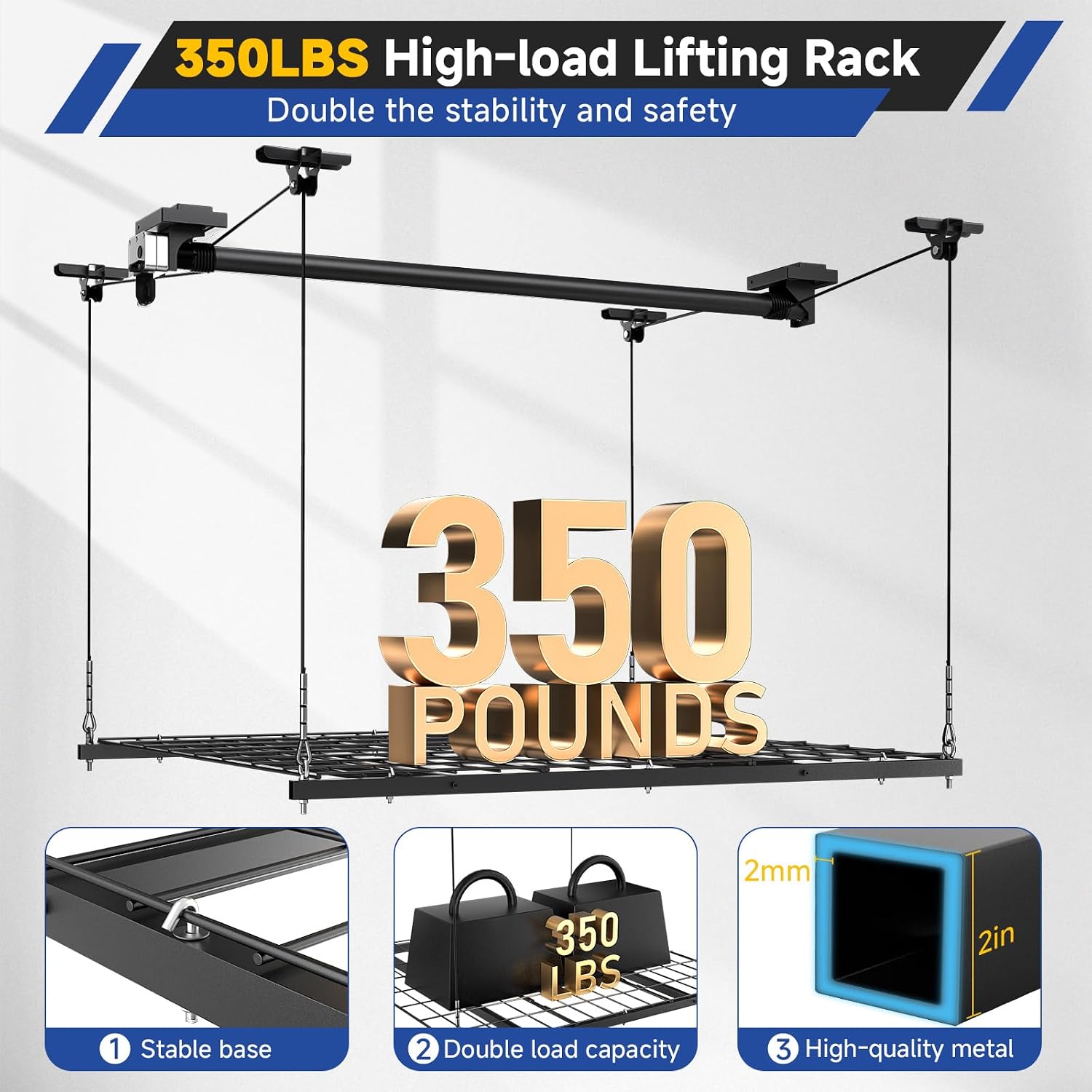 GADFISH Garage Ceiling Lift Storage Rack, Easy Lifting 85" Height 4x4 Ft Overhead Garage Storage Rack for Space Saving with Safety Lock, Suitable for 16"/24" Ceiling, 350LBS Capacity
