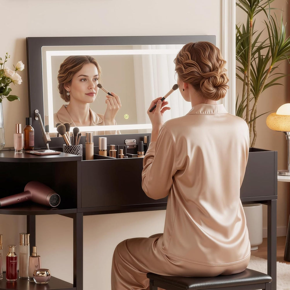 Cyclysio Vanity Desk with Flip Top Mirror and Lights, Black | Makeup Vanity D...