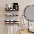 RICHER HOUSE 2+1 Tier Wall Mounted Floating Shelves Set of 2, Rustic Wood Shelf with Metal Frame, Extra Storage Rack for Bathroom, Kitchen, Bedroom with Tissue Rack & Towel Bar - Rustic Brown