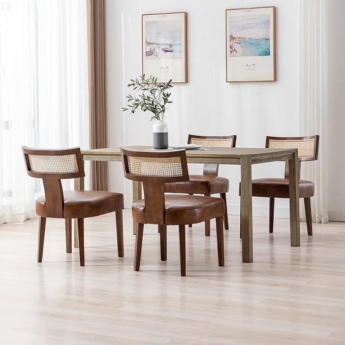 Modern Rattan Back Dining Chairs Set of 2 Rattan Kitchen Chairs PU Leather Upholstered Side Chairs, Modern Kitchen Armless Solid Wood Dining Chairs, Brown
