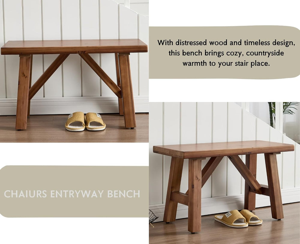 chairus Farmhouse Solid Wood Bench, 30" Entryway Bench Seat Rustic Narro...