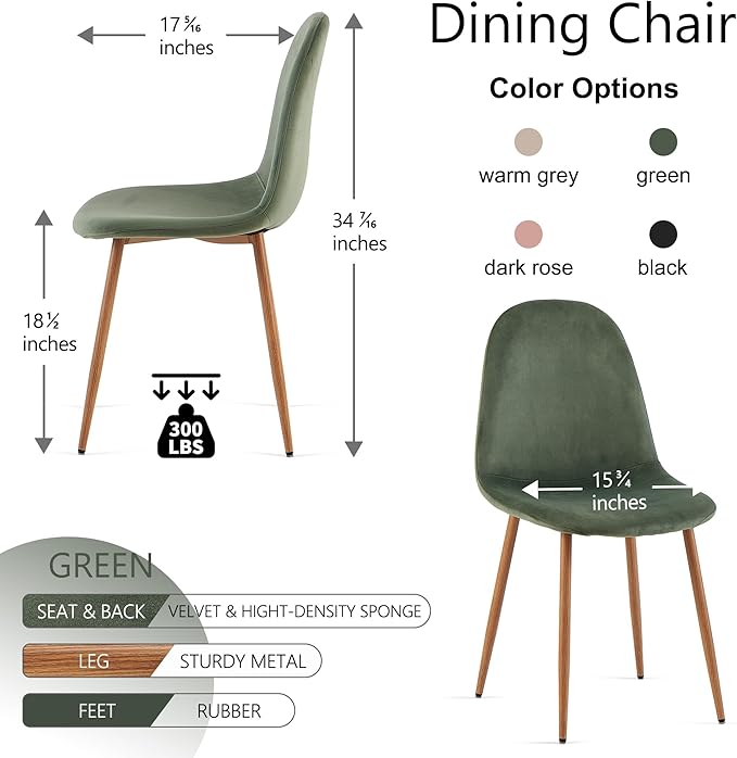 Set of 4 Dining Chairs Upholstered Green Velvet Living Room Chair with Backrest, Modern Mid-Century Home Kitchen Chairs Armless with Metal Legs for Dining Room, Retaurant