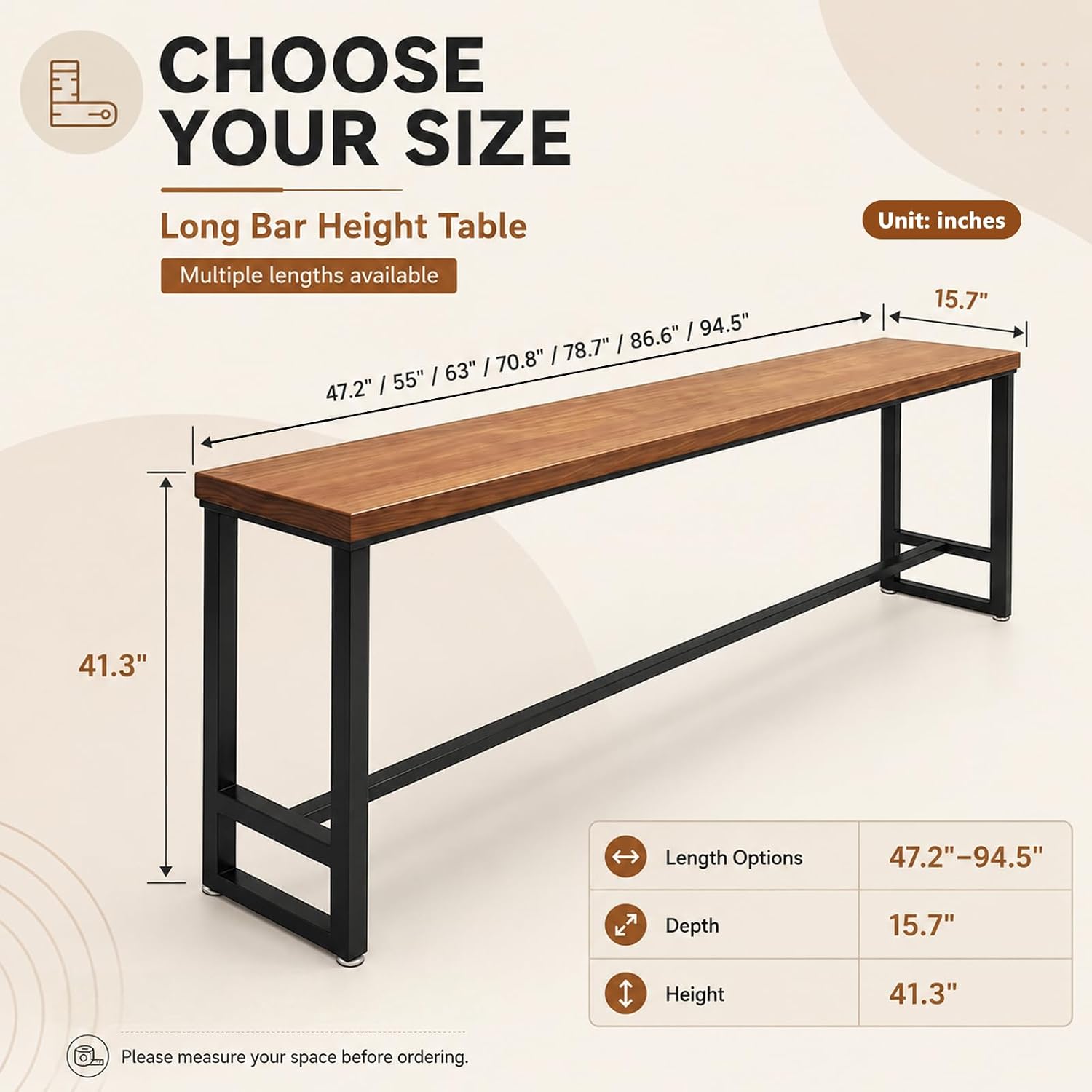 86.6" Solid Wood Bar Height Table - Long Narrow High Top Pub Table with 2" Thick Pine Top & Metal Legs, Farmhouse Counter Height for Kitchen, Breakfast Nook, Coffee Shop, No Stool