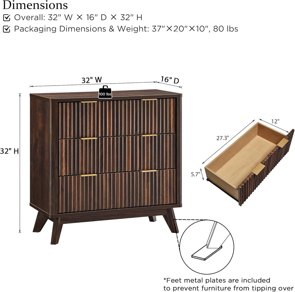 T4TREAM Fluted 3 Drawers Nightstand Set of 2, Oversized Extra Large Modern Side Table, End Table Bedside for Bedroom, Living Room, Curved Profile Design, Dark Walnut