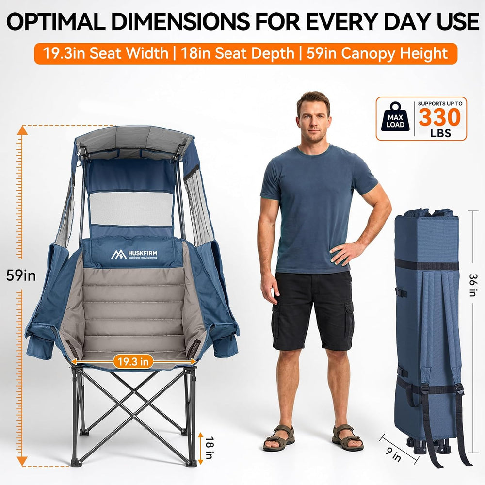 Huskfirm Camping Chair with Canopy Shade, Folding Oversized Beach Chair with ...
