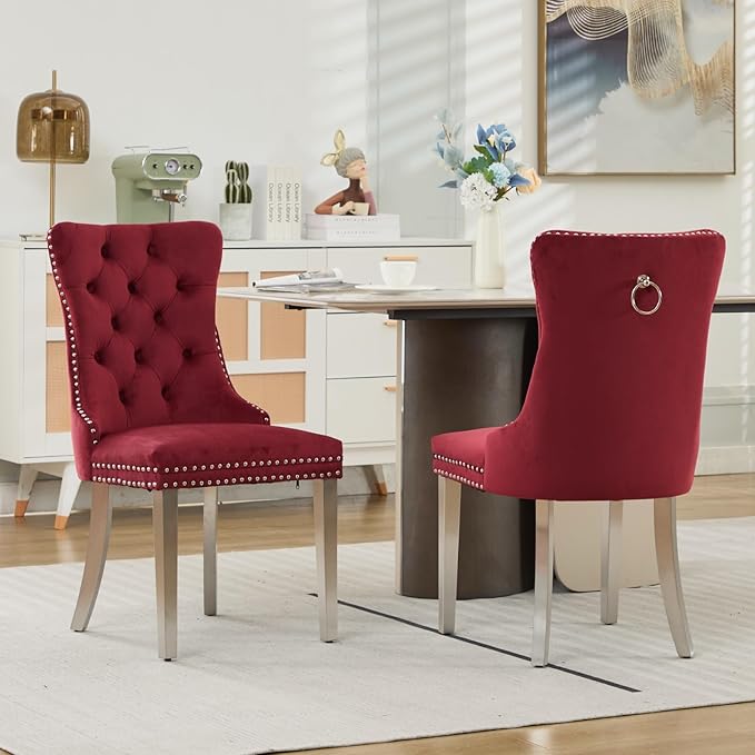 Mid Century Modern Dining Chairs Set of 2, Velvet Upholstered Kitchen & Dining Room Chairs with Nailhead Trim & Brushed Silver Metal Legs, Tufted Kitchen Chairs, Elegant Sillas De Comedor (Red, 2 Pcs)