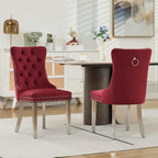 Mid Century Modern Dining Chairs Set of 2, Velvet Upholstered Kitchen & Dining Room Chairs with Nailhead Trim & Brushed Silver Metal Legs, Tufted Kitchen Chairs, Elegant Sillas De Comedor (Red, 2 Pcs)