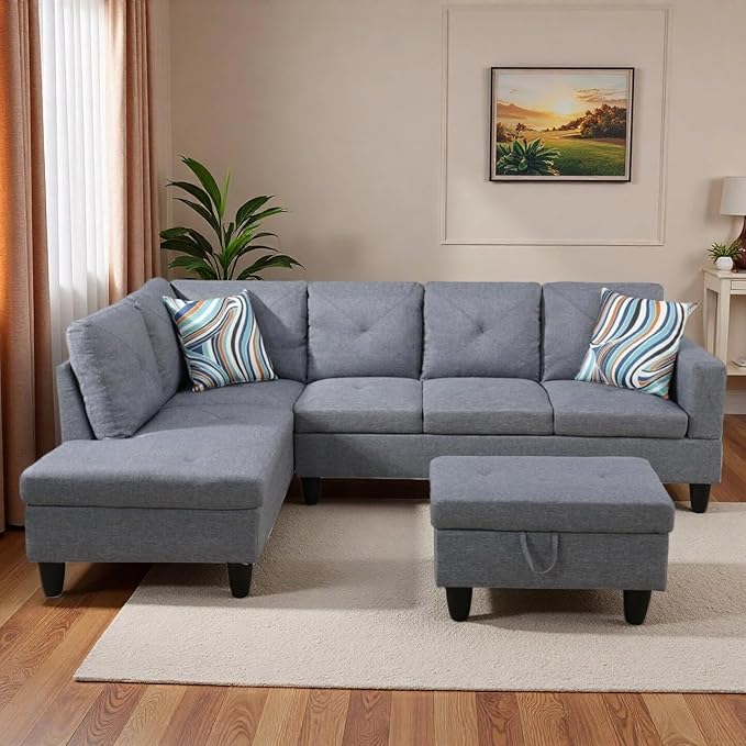 L-Shaped Sectional Sofa with Movable Chaise & Storage Ottoman, Lounge 3-P...