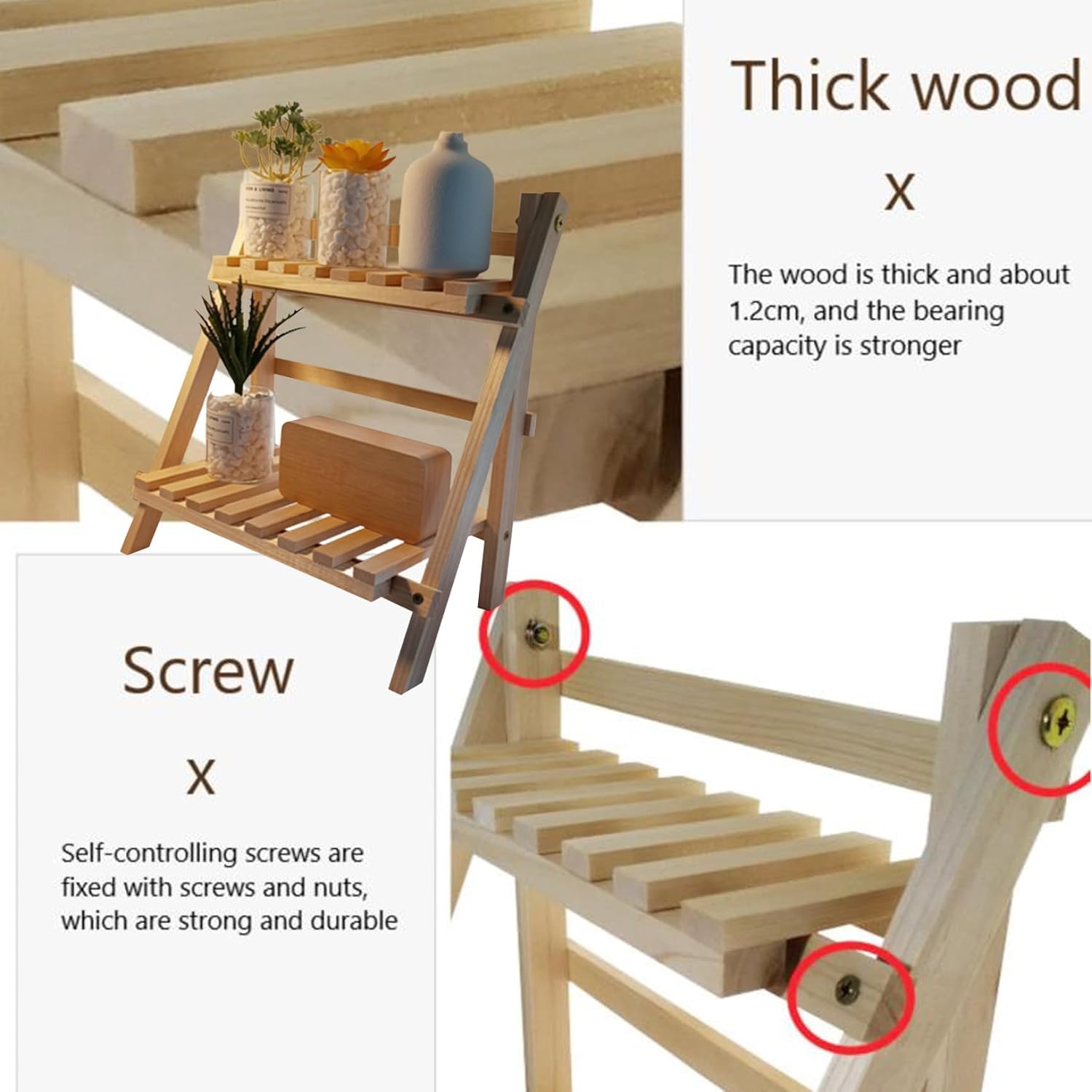 2 Tier Wooden Ladder Shelf for Table Shelf Unit 34x18x35cm Foldable Standing Simple Style Trapezoidal Flower Ladder Stand for Garden Living Room Bedroom