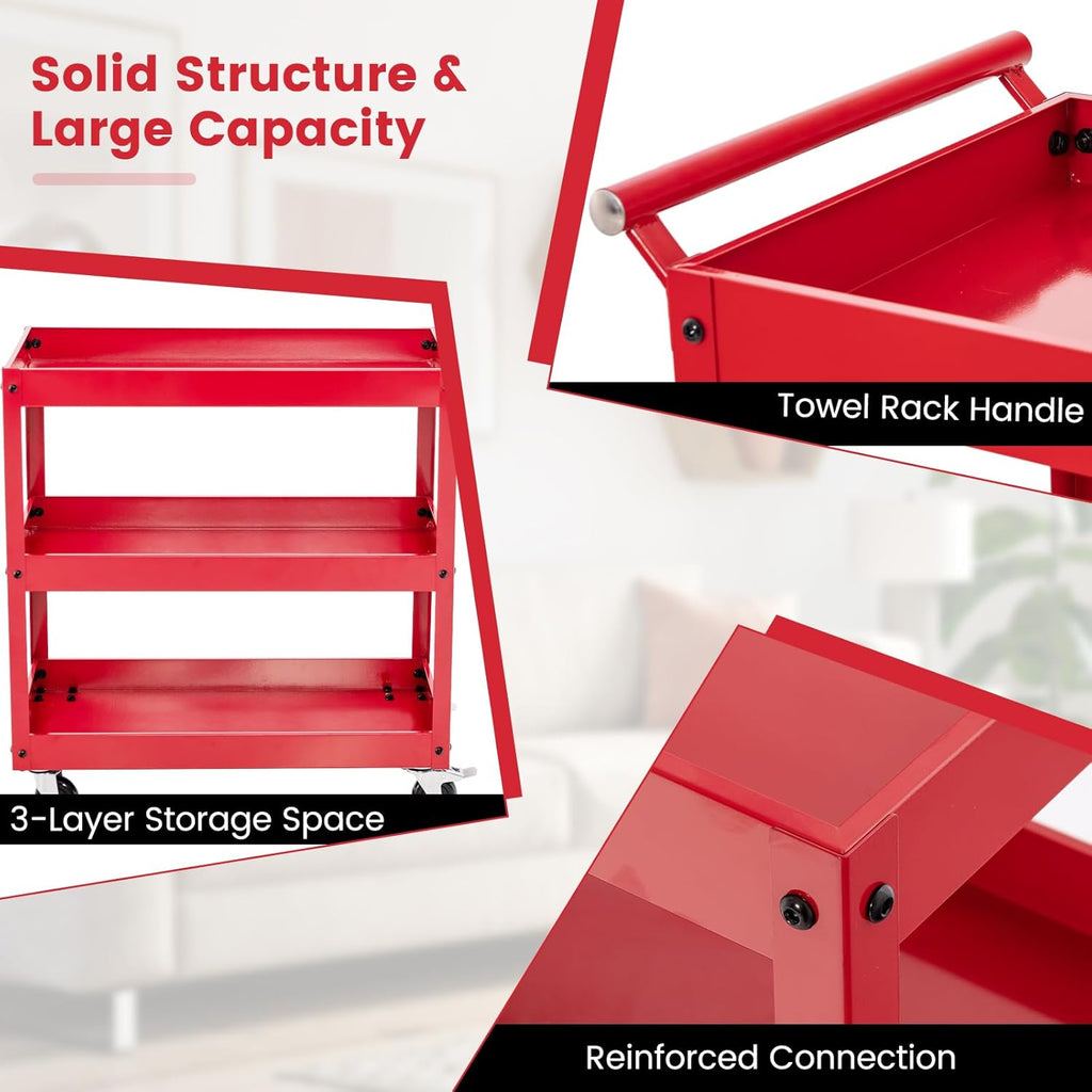 Goplus 3-Tier Utility Cart, Heavy Duty Commercial Service Tool Cart w/Lockable Wheels, 330lbs Load Capacity, Ergonomic Handle, Rolling Mechanic Tool Cart Storage Organizer for Warehouse Garage Red