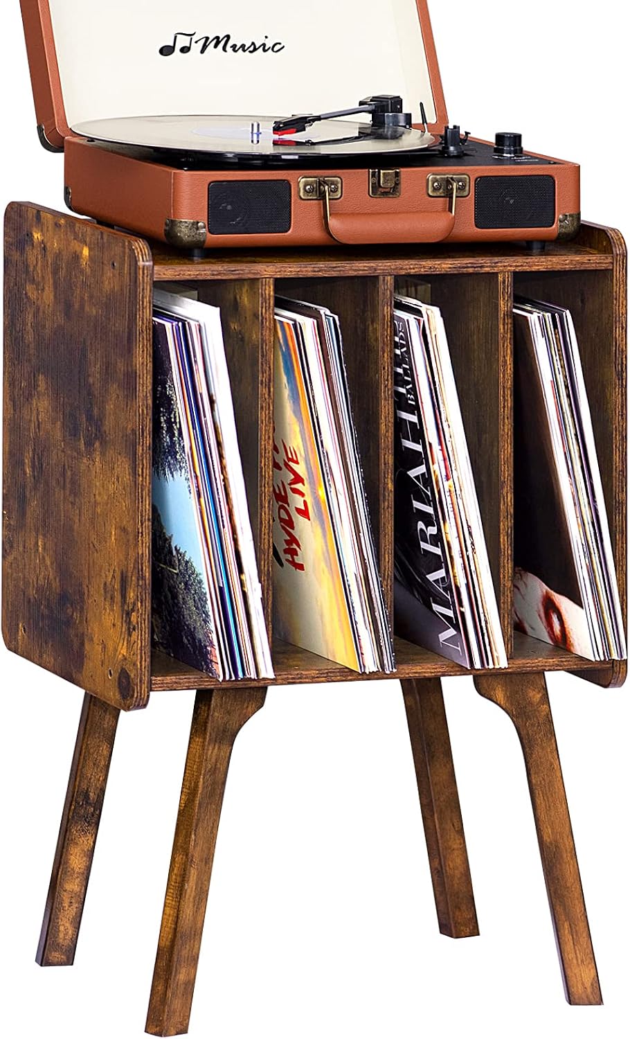 LELELINKY Small Record Player Stand, 4 Cabinet Vinyl Storage Table, Brown | W...
