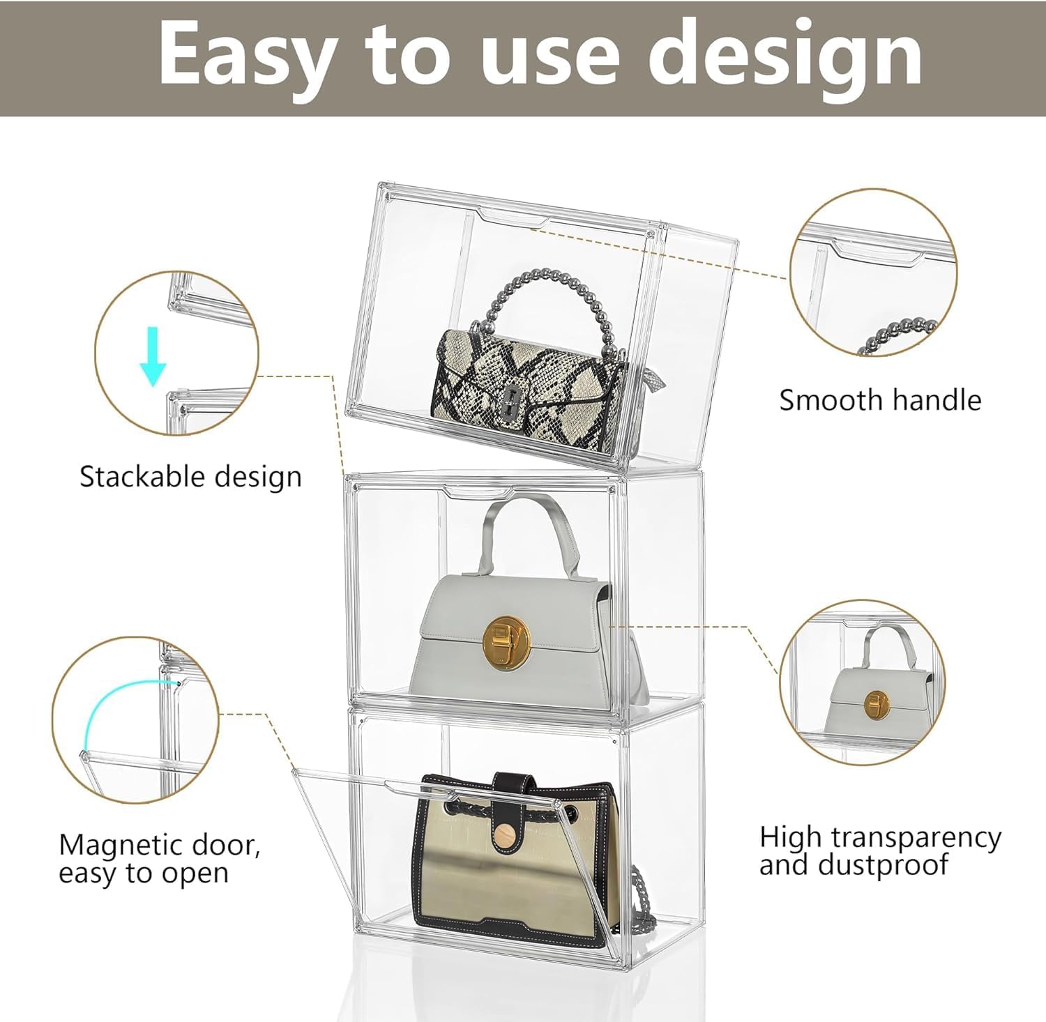 Attelite Plastic Purse and Handbag storage Organizer for Closet, Clear Acrylic Display Case with Magnetic Door for Wallet, Book, Cosmetic, Clutch Organization 3 Pcs