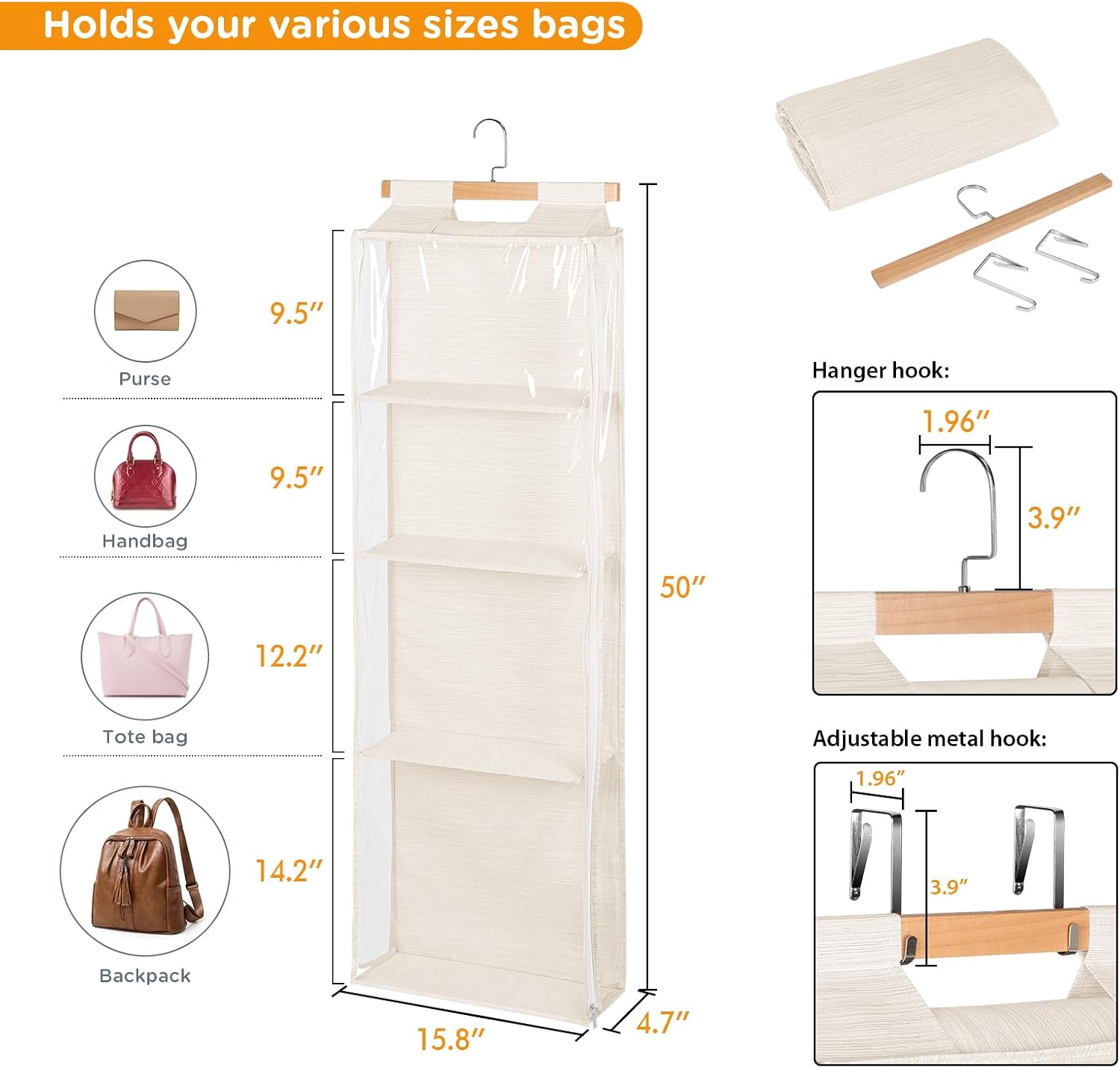 Syeeiex Over the Door Purse Organizer with Zippers, 4 Mesh Shelves, Beige | PVC Hanging Closet Bag Organizer, Dustproof Handbag Tote Storage Bag for Door, Wardrobe and Shelf Rack