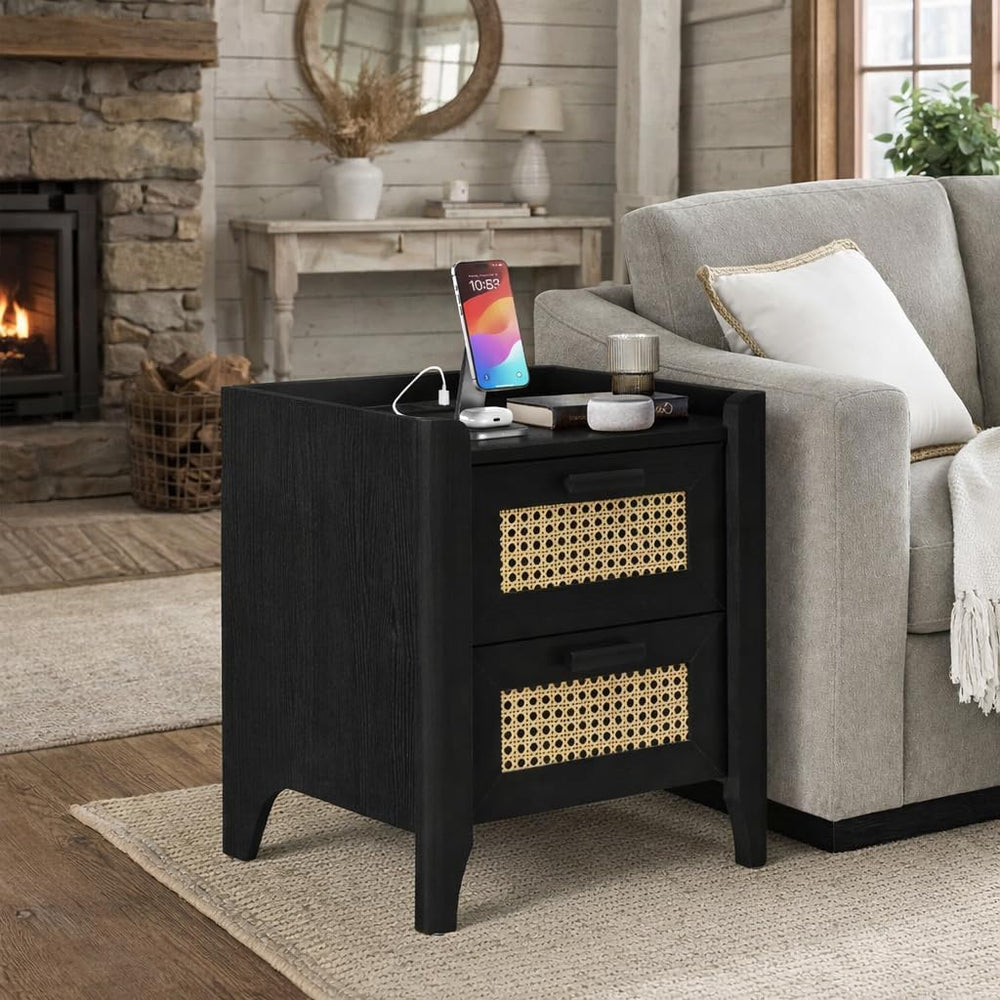 ELISA HOME Rattan-Inspired 2 Drawer Nightstand with Charging Station, Bedside...