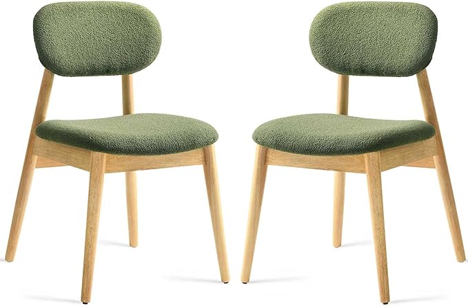 Wooden Dining Chairs Set of 2, Farmhouse Boucle Upholstered Kitchen Chairs, Green