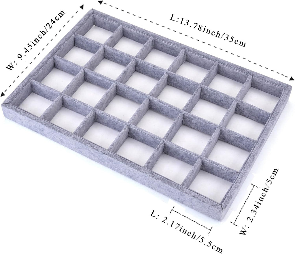 Mornajina 24 Grids Stackable Jewelry Tray Organizer with Removable Dividers, Velvet Jewelry Display Tray for Earrings Necklaces Bracelet Rings Display Showcase - Grey