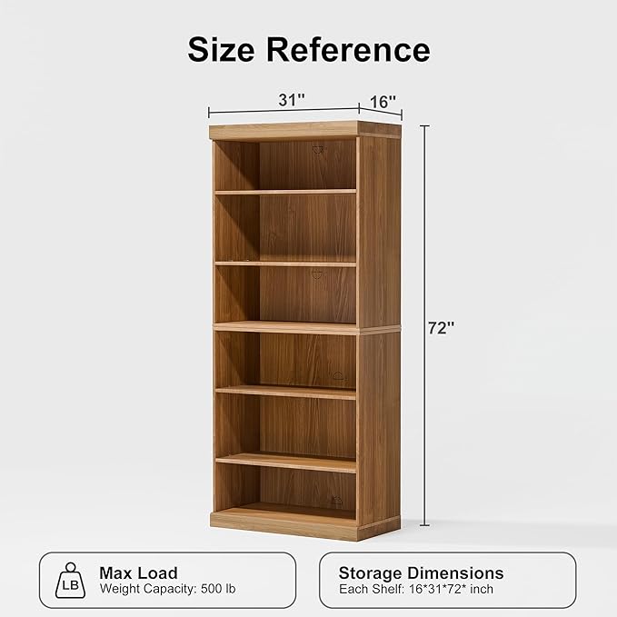 72" Wooden Book Shelf, 5 Shelf Bookcase, Modern Bookshelf with Adjustable Shelf for Home Office, Study Room, Oak