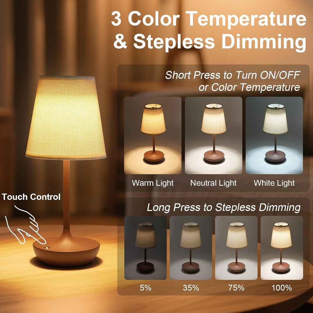 Cordless Table Lamp Rechargeable, Fabric Shade Bedside Lamp