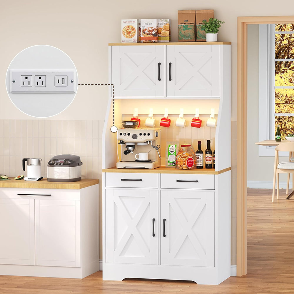 DreamDashio 73" Tall Pantry Cabinet with Charging Station & LED Ligh...