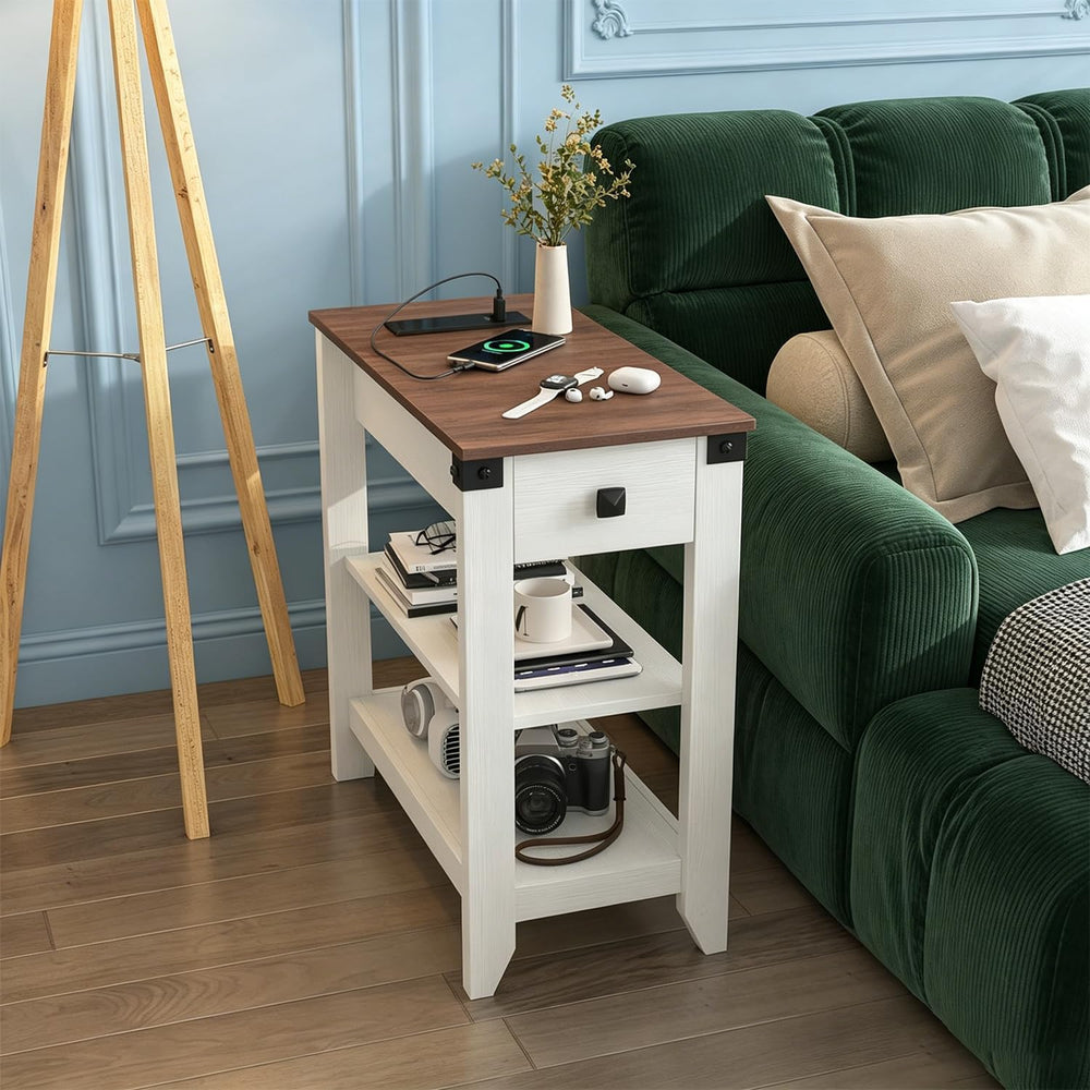 Drefure Sofa Side Table Set of 2 with Charging Station, Narrow End Tables wit...