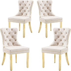 KCC Velvet Dining Chairs Set of 4, Upholstered High-end Tufted Dining Chair with Nailhead Back Ring Pull Trim Stainless Steel Legs, Contemporary Nikki Collection Modern Style for Kitchen, Beige