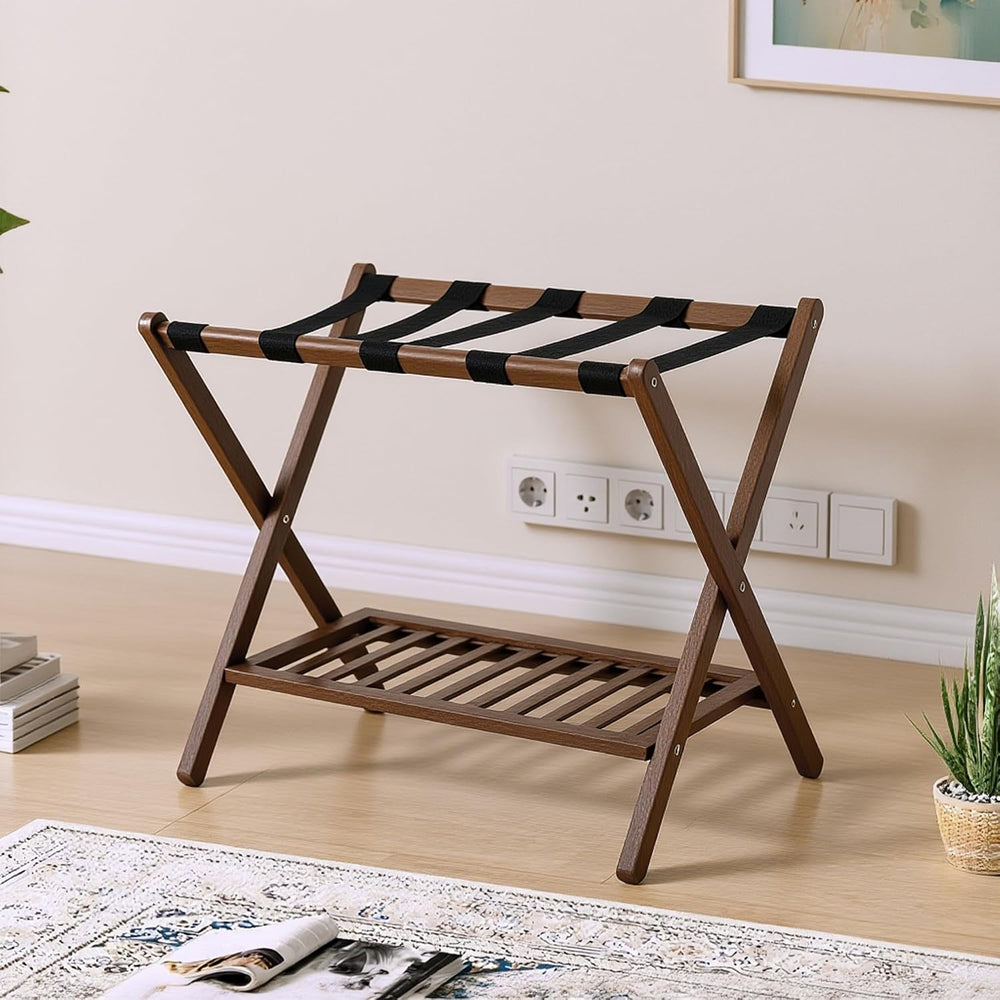 Bamboo Luggage Rack with Shoe Shelf Folding Suitcase Stand with 5 Heavy-Duty ...