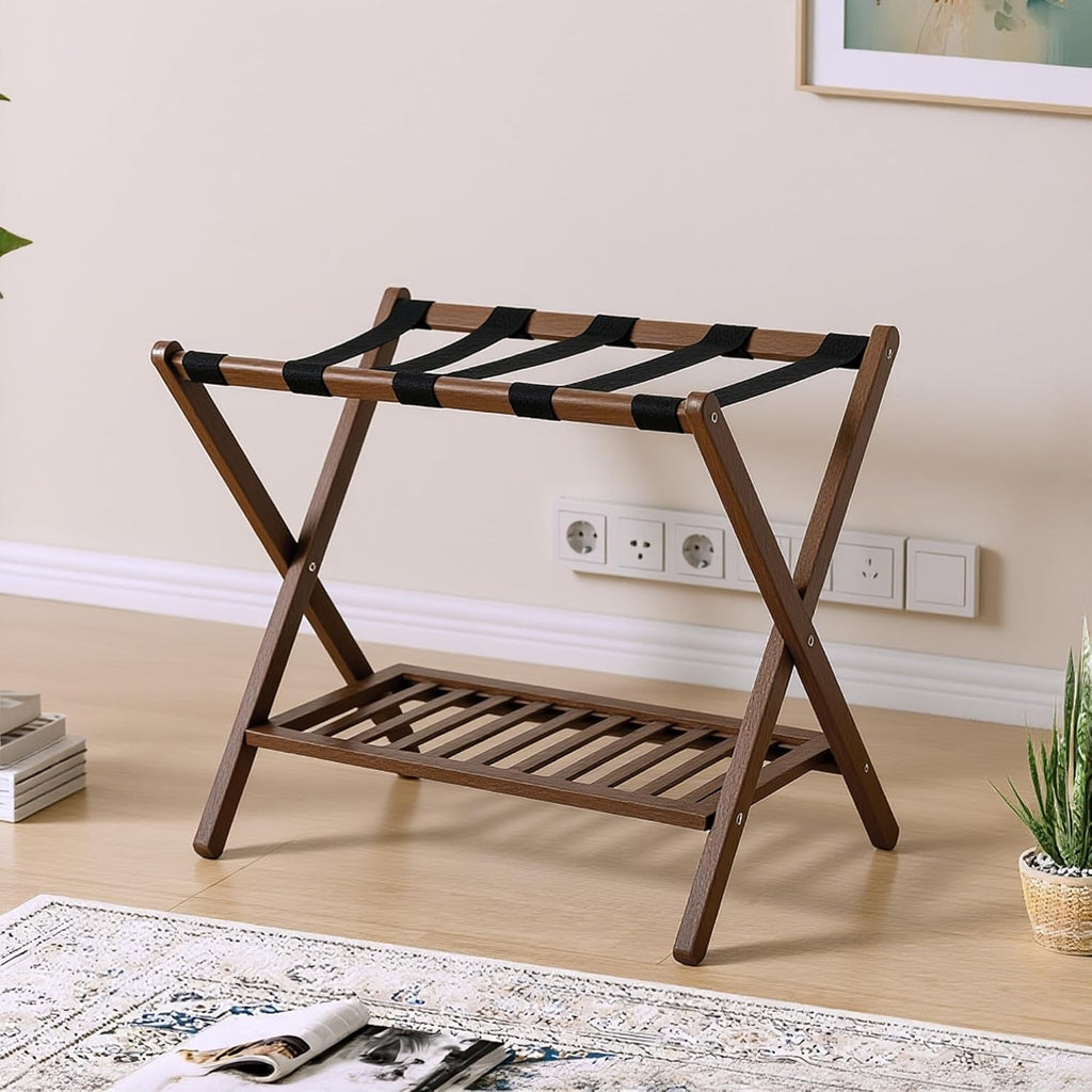 Bamboo Luggage Rack with Shoe Shelf Folding Suitcase Stand with 5 Heavy-Duty Straps for Guest Room Living Room Hotel Ideal Luggage Holder for Suitcases Bags Shoes,Walnut Brown
