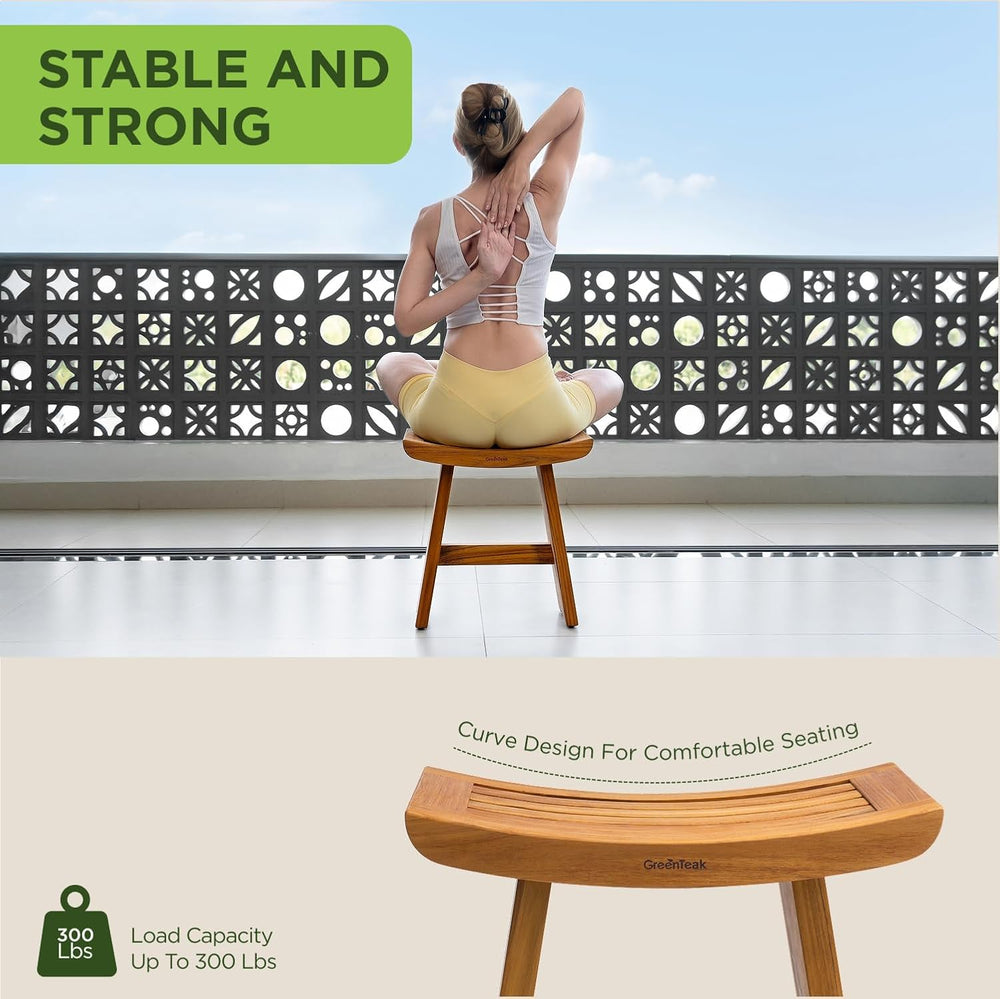 Premium 18" Teak Shower Stool, Non-Slip Safety, 1-Tier Curved