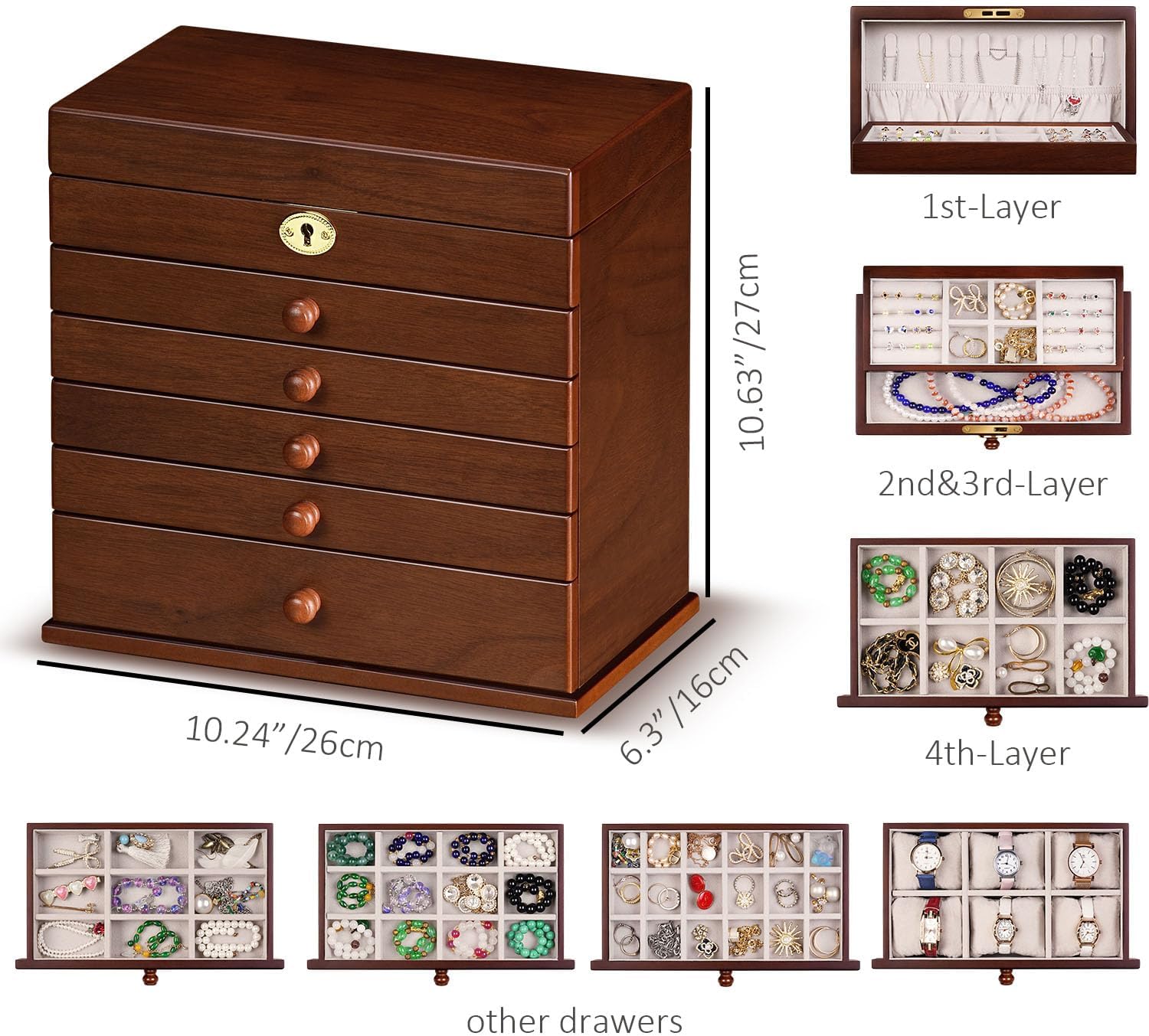 Jewelry Boxes and Organizers - Large Wooden Lockable Cabinet with Key, 8-Layer dresser top jewelry organizer, Vintage Jewelry box for Women and Men GiftIdea