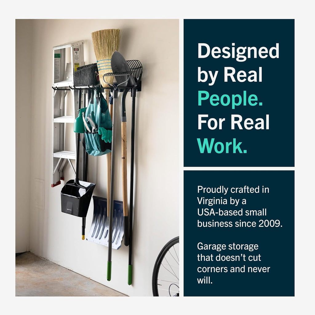 StoreYourBoard Wall-Mounted Rack With 4 Garage Hooks – Heavy-Duty Steel Holder Garage & Garden Storage for Shed, Workshop, or Home Organization – For Rakes, Shovels, Tools & More – 1 Pack, Mud