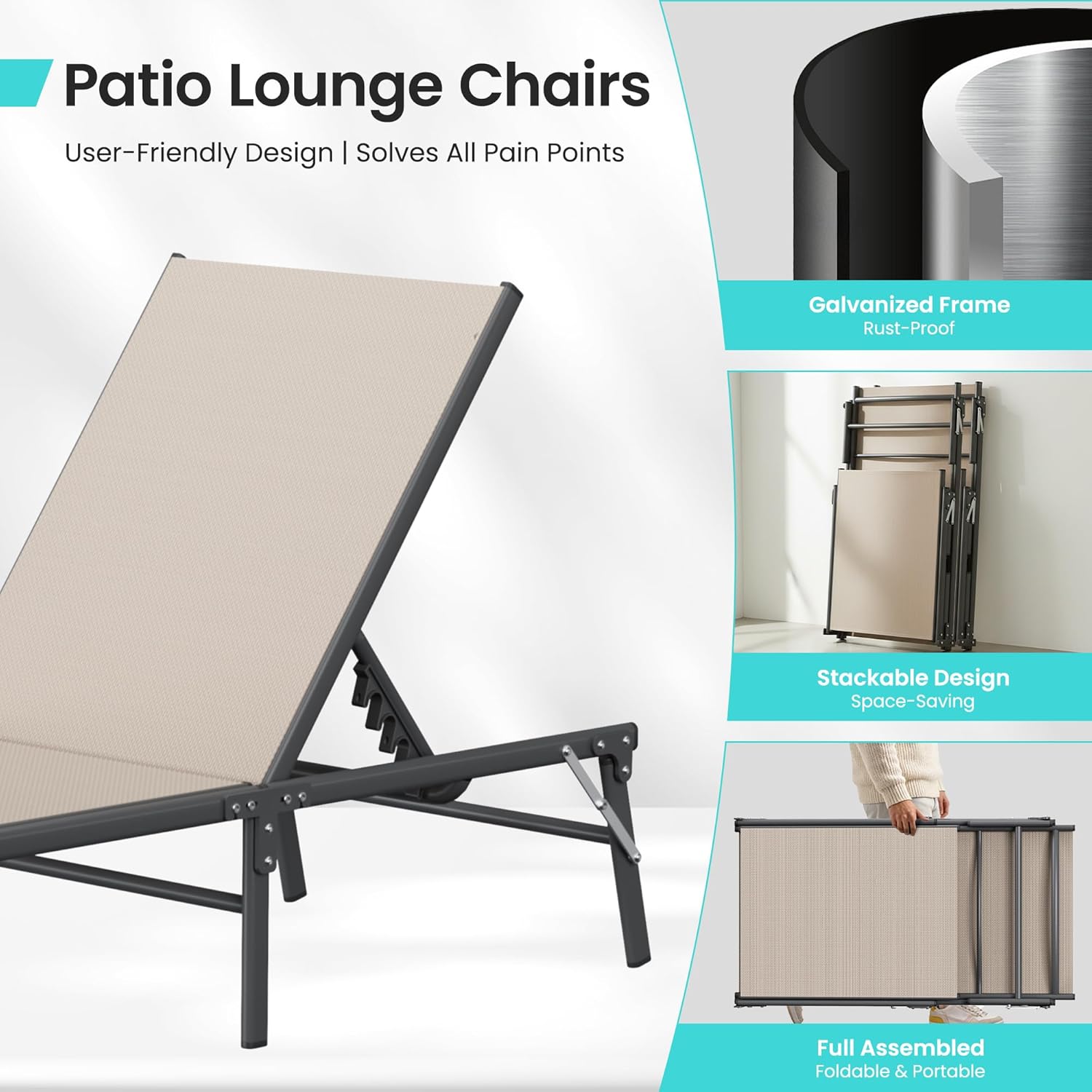 Amopatio Outdoor Lounge Chairs Poolside Chaise Lounge for Patio Set of 2 | with Side Table Foldable Stackble Fully Assembled Weather Resistant 5-Position Adjustable Backrest 400LBS Capacity