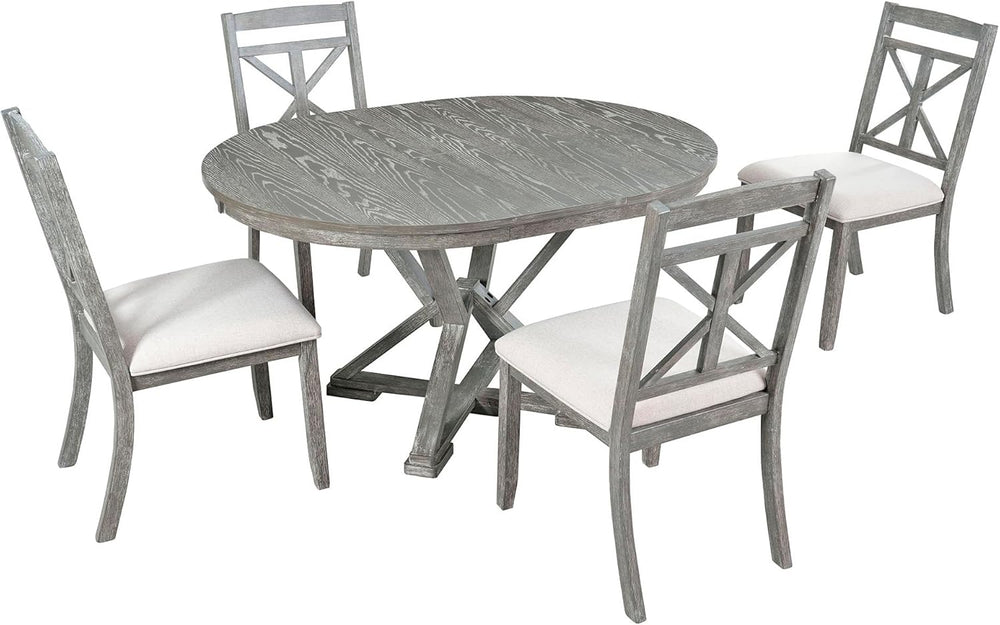 Merax Extendable Round Dining Table Set for 4, Farmhouse Kitchen Table Set wi...