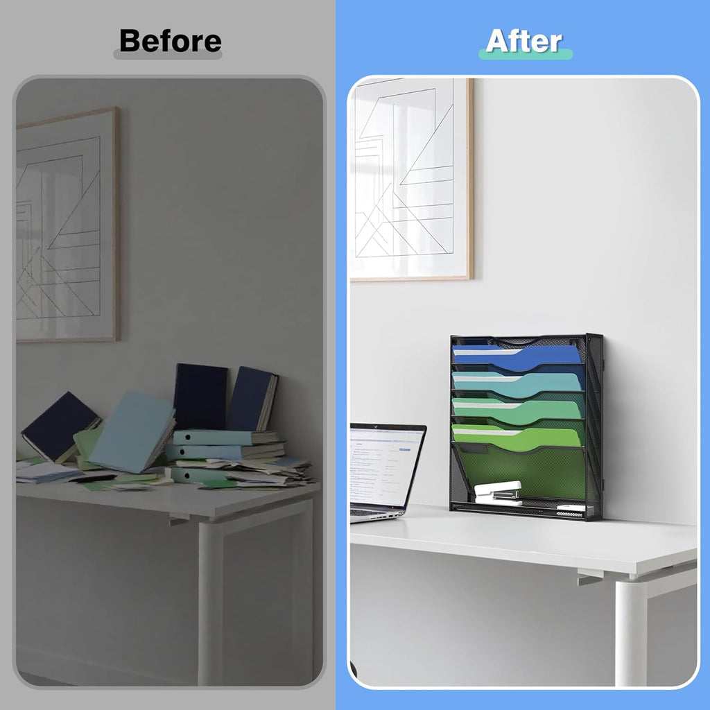 Kuntine.B Wall File Organizer Office Hanging Magazine Holder Wall File Organizer for Office Home (Black, 6 Tier & Hangers)